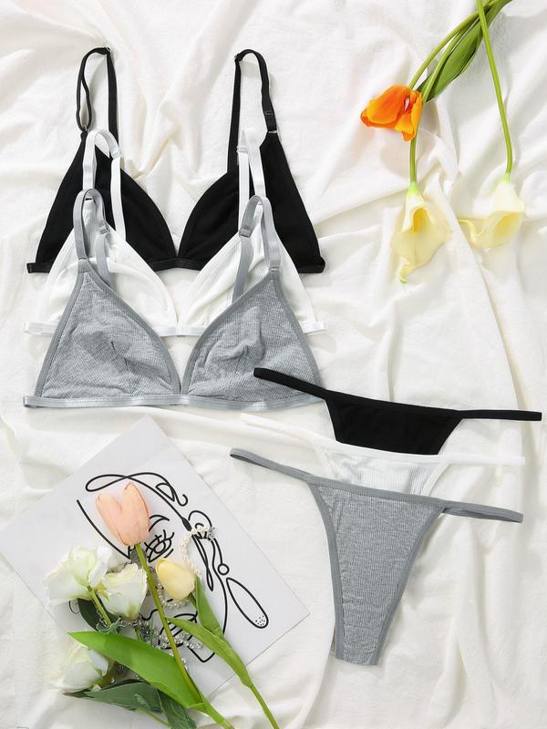 Women's Solid Adjustable Strap Push Up Bra & Thong Underwear Set, Casual Comfy Breathable Lingerie Set for Daily Wear, Underwear Set for Women