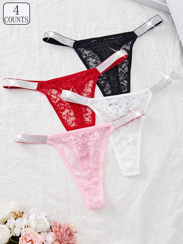 Women's Floral  Sheer Lace Thong, Soft Comfy Breathable Drop Waist Panty for Daily Wear, Ladies Underwear for All Seasons