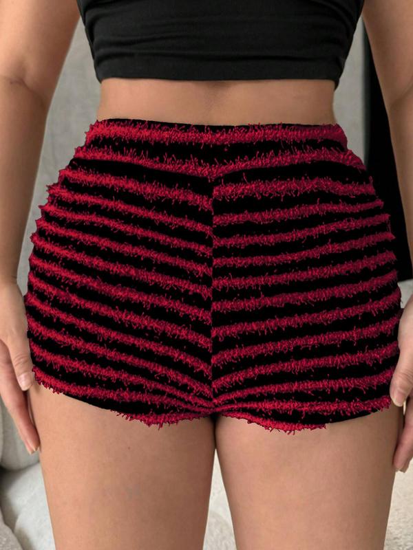Women's Fuzzy Striped Print High Waist Shorts, Casual Comfy Skinny Shorts for Daily Wear, Ladies Bottoms for Summer