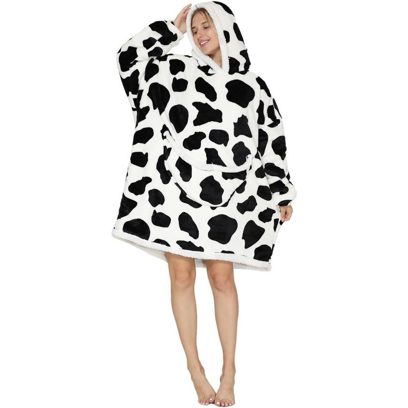 Wearable Blanket Hoodie Oversized Hooded Blanket for Adult Women Super Soft Comfortable Warm Flannel Cow