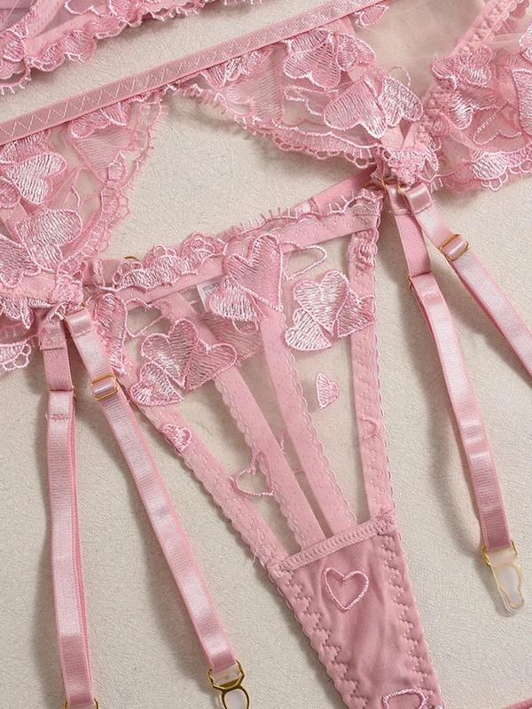 Women's Heart Embroidery Lace Bra & Garter Belt & Thong Set, Sexy Comfy Breathable Lingerie Set for Daily Wear, Women's Lingerie & Underwear for All Seasons