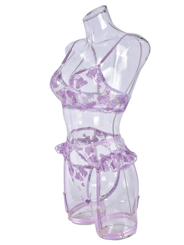 Women's Heart Embroidery Lace Bra & Garter Belt & Thong Set, Sexy Comfy Breathable Lingerie Set for Daily Wear, Women's Lingerie & Underwear for All Seasons
