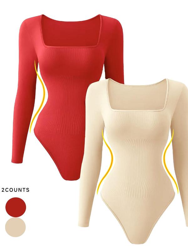 Women's Solid Color Square Neck Thong Design Bodysuit, Casual Long Sleeve Bodysuit for Daily Wear, Ladies Clothes for All Seasons