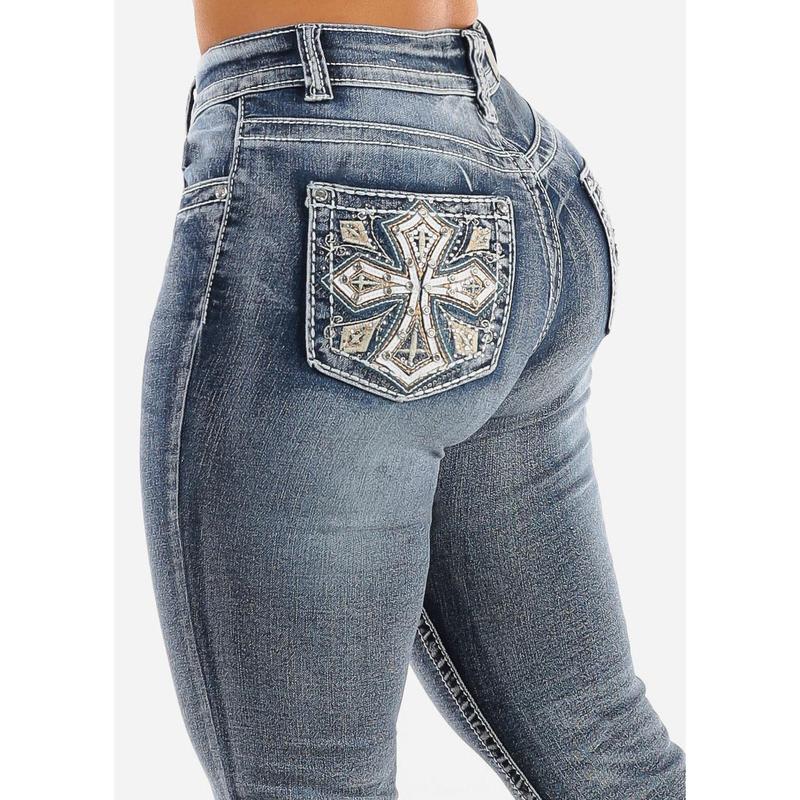 High Waist Flared Bootcut Jeans w Back Pocket Design