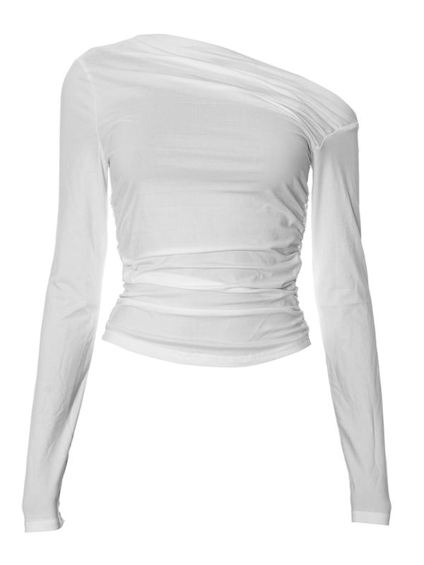 Women's Plain Ruched One Shoulder Tee, Casual Long Sleeve T-shirt for Fall, Women's Clothing for Daily Wear