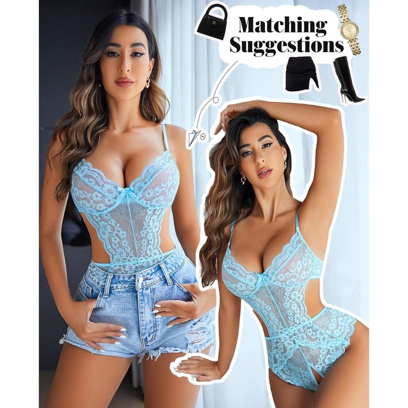 Women's Lingerie Lace Bodysuit Underwear V Neck Hollow Bodysuit Mini Doll