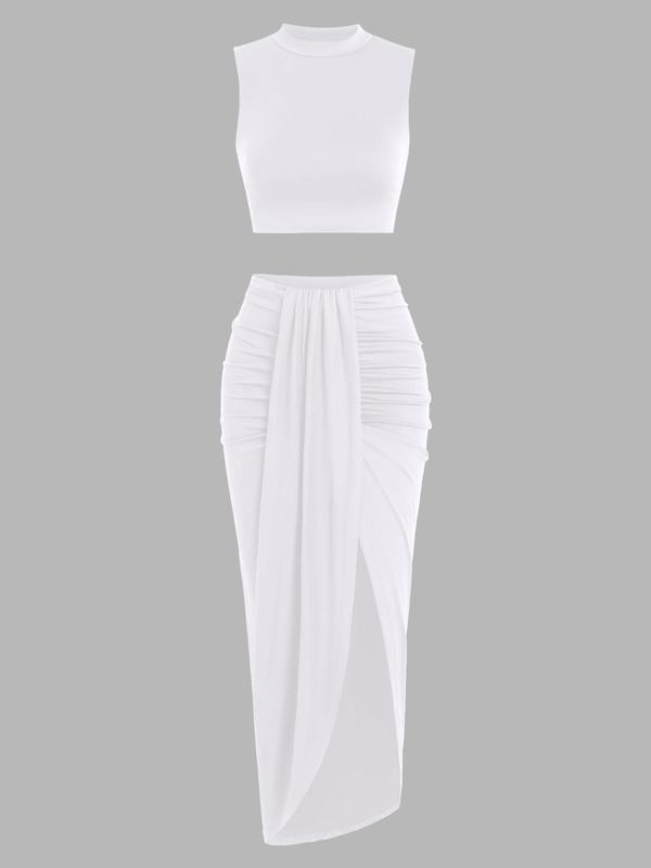 Fall Women's Solid Crop Tank Top & Ruched Asymmetrical Hem Split Skirt Two-piece Set, 2 Piece Sets Women Casual Mock Neck Sleeveless Top & High Waist Wrap Skirt, Birthday Outfits, Summer Outfits 2024