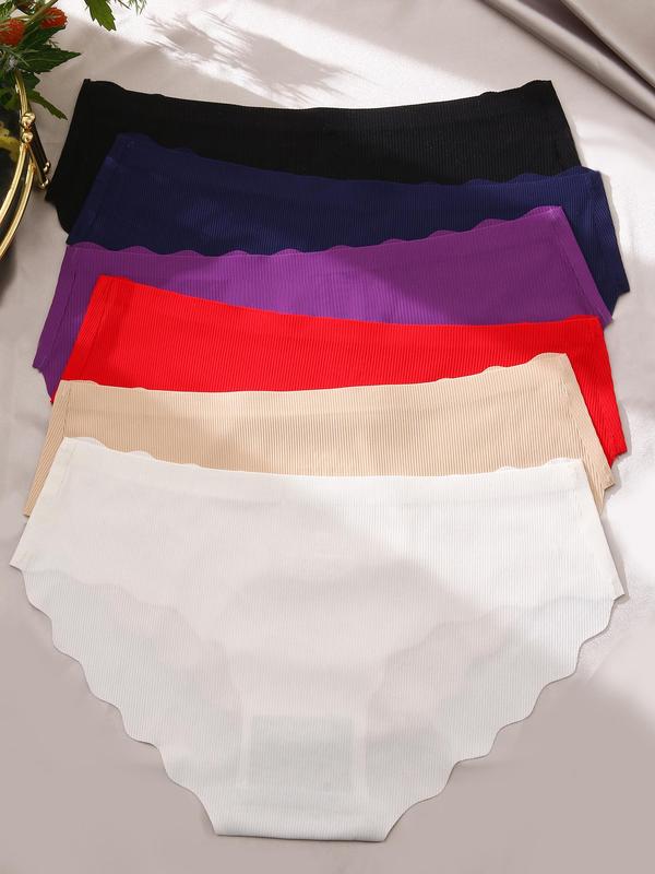 Women's 6pcs Minimalist Solid Scallop Trim Seamless Panties, Lady Basic Soft Comfort Seamless Knickers for Daily Wear All Seasons, Womenswear Underwear, Lingerie for Women