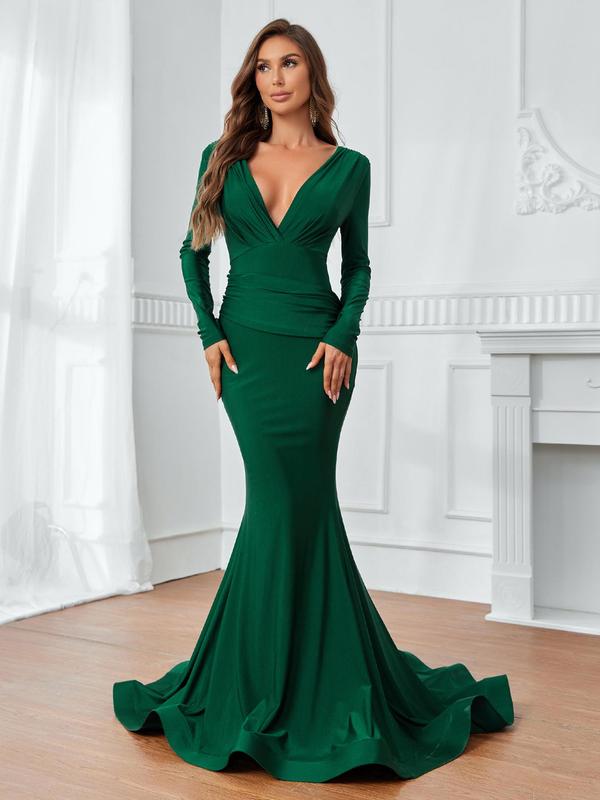 Women's Plain Backless Ruched Mermaid Evening Dress, Elegant Deep V Neck Long Sleeve Bodycon Dress for Party, Women's Clothing for Spring & Fall