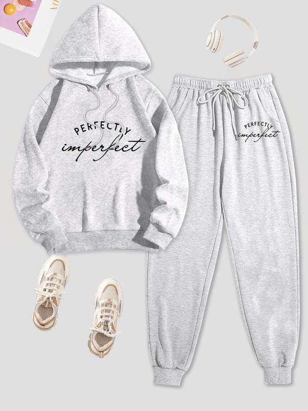 Women's Letter Print Drop Shoulder Hoodie & Drawstring Waist Pants Set, Back To School Outfits, Casual Comfort Pullover & Jogger Pants for Daily Wear, 2 Piece Sets Women, Outfit Sets for Women, Women's Clothes, Please Purchase A Size Up