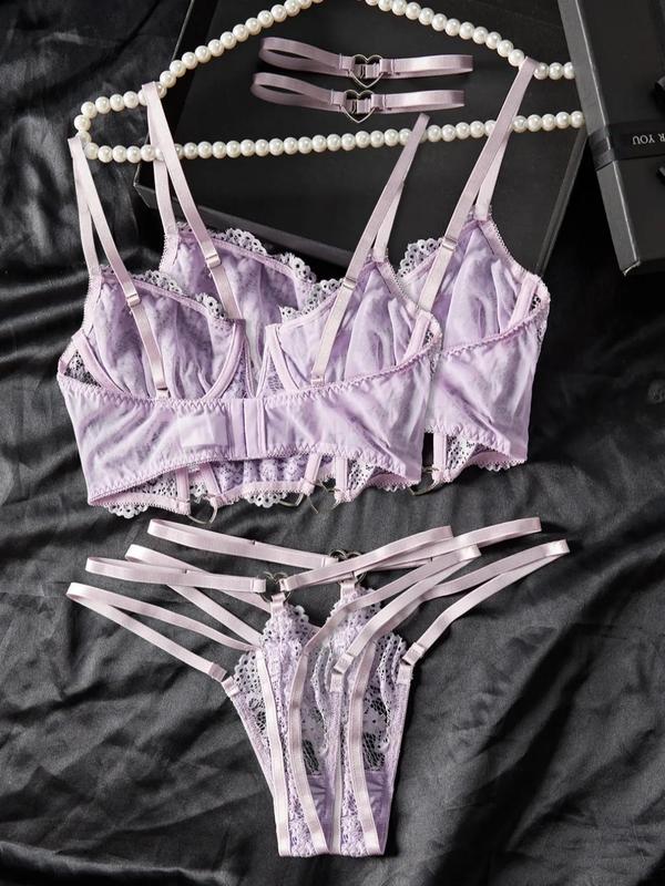 Women's Floral Lace Sheer Bra & Thong Sexy Lingerie Set, Romantic & Elegance Heart Ring Linked Lingerie Set, Women's Lingerie & Underwear