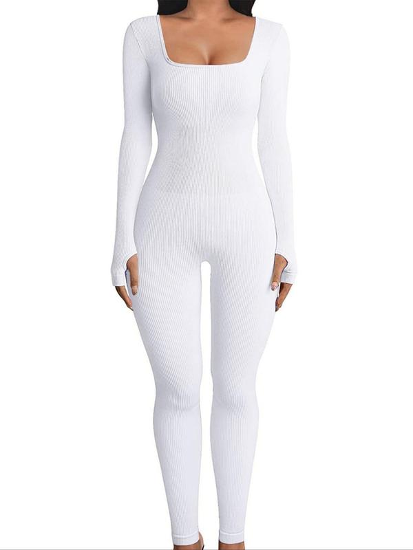 Women's Solid Cut Out Square Neck Ribbed Shapewear Jumpsuit, Casual Long Sleeve Bodycon Jumpsuit for Yoga Gym Workout, Lady's Shapewear Bodysuit for All Seasons, Fall Wear 2024