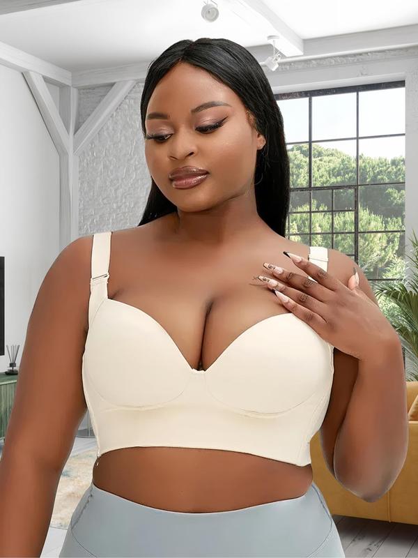  Solid Color Adjustable Strap Underwire Bra, Casual Comfortable Breathable Hooks Buckle Back Push Up Lingerie Top for Daily Wear, Women's Lingerie for All Seasons