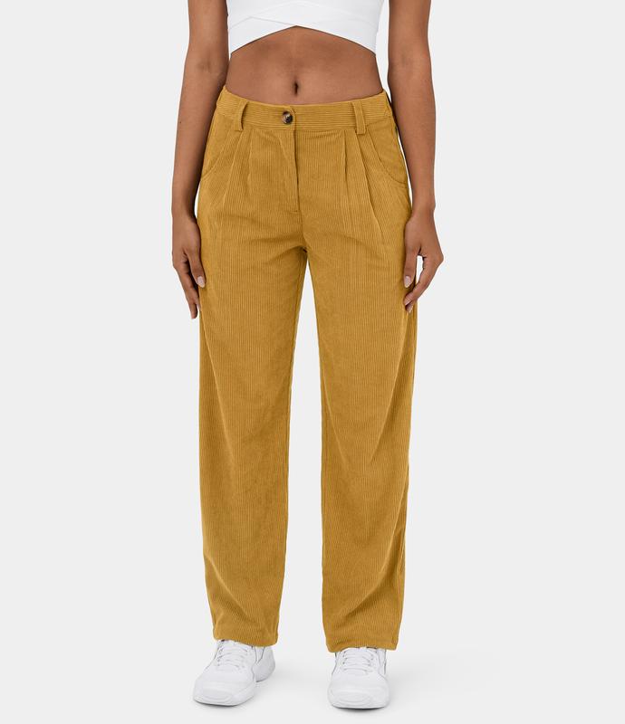 Halara Mid Rise Button Zipper Side Pocket Corduroy Casual Pants