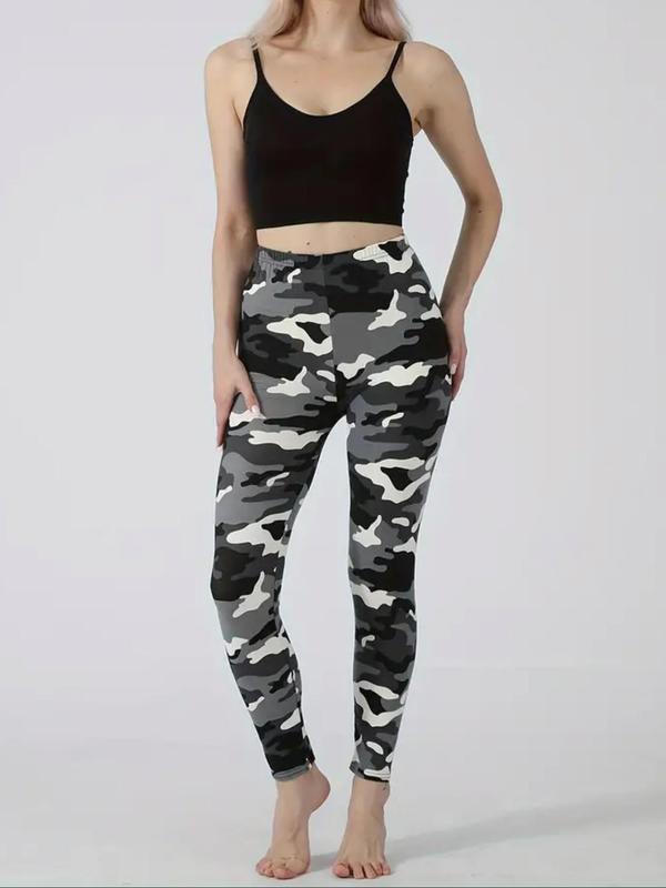  Camo Print Elastic Waist Leggings, Casual Comfy Skinny Pants for Women, Women's Bottoms for Spring & Fall Legging Pants
