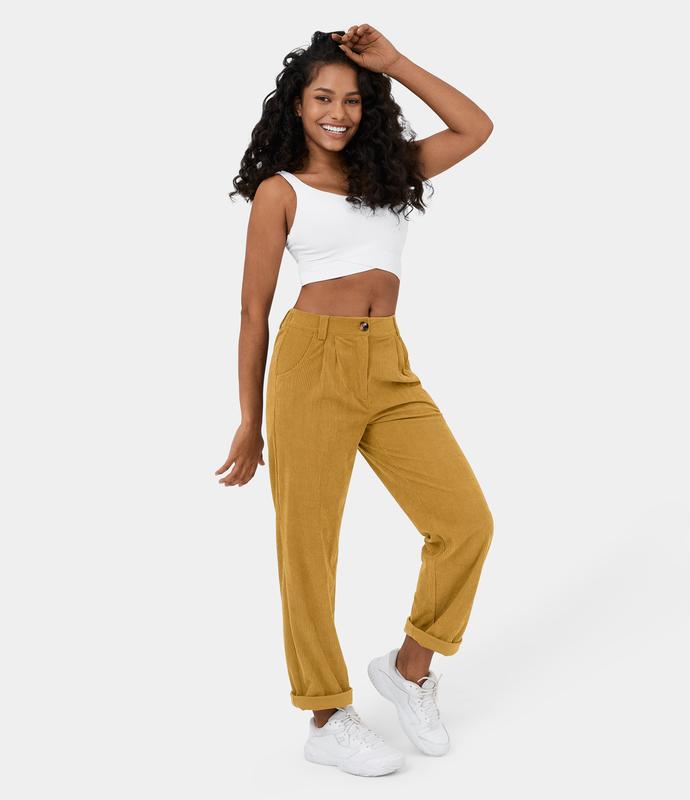 Halara Mid Rise Button Zipper Side Pocket Corduroy Casual Pants