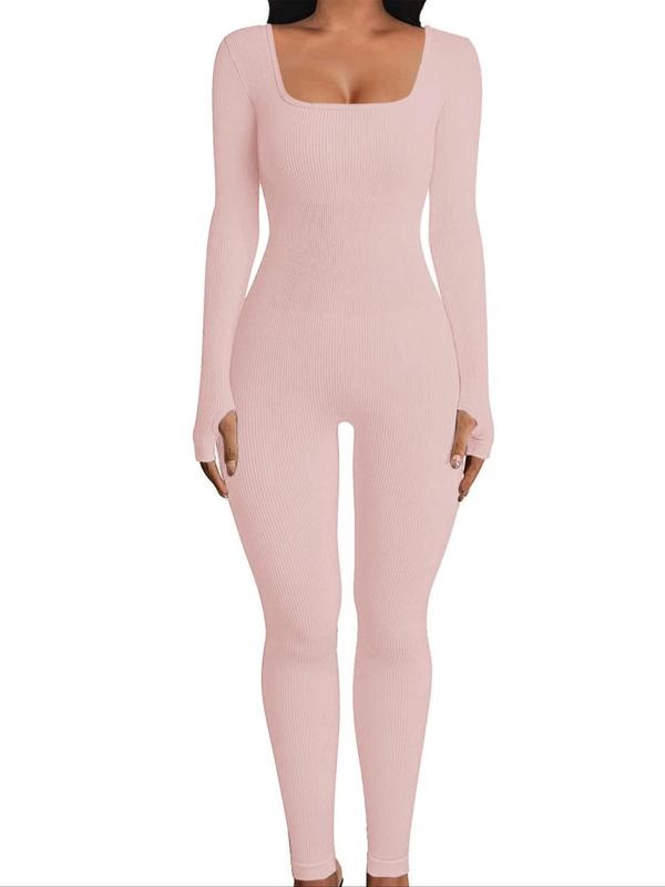 Women's Solid Cut Out Square Neck Ribbed Shapewear Jumpsuit, Casual Long Sleeve Bodycon Jumpsuit for Yoga Gym Workout, Lady's Shapewear Bodysuit for All Seasons, Fall Wear 2024
