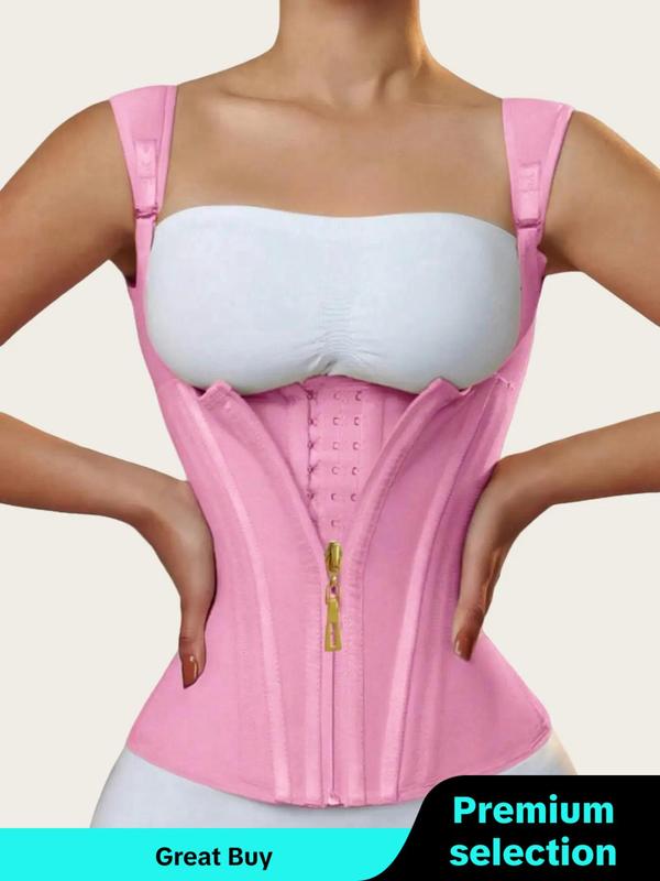 Women's Solid Color Sexy Zipper Front Corset Shapewear Top, Adjustable Hook & Eye Closure Waist Trainer, Tummy Control Shaper for Daily Wear Matt Waist Trainers