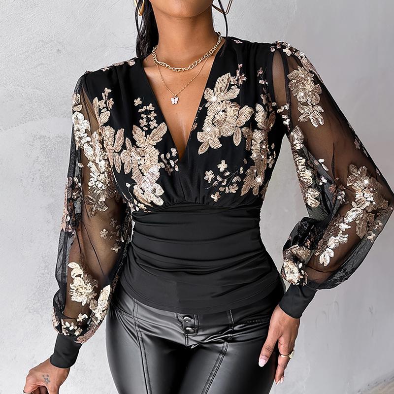 Chicme Floral Sequin Decor Sheer Mesh Top