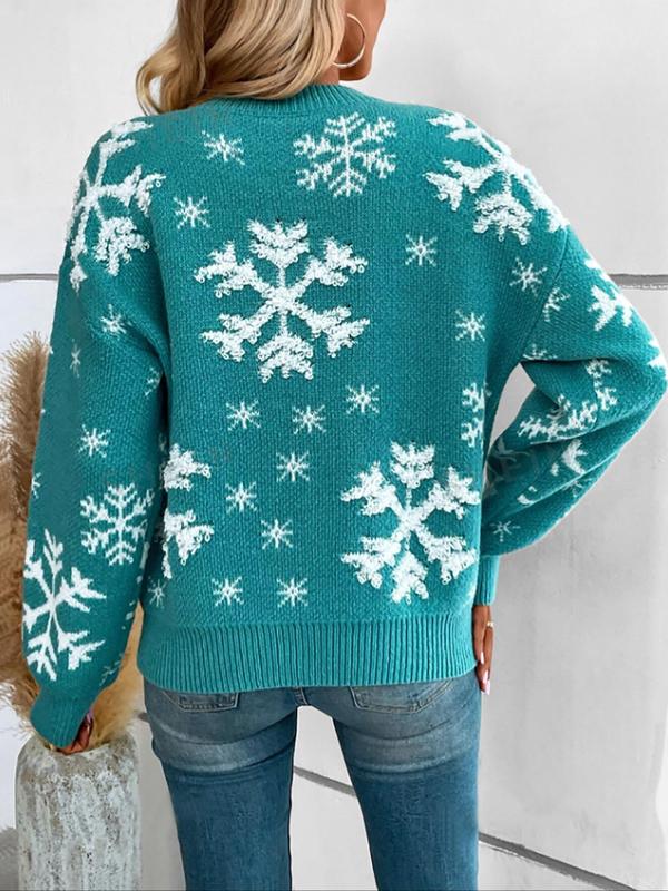 Women's Christmas Snowflake Pattern Drop Shoulder Sweater, Casual Long Sleeve Round Neck Jumper for Fall & Winter, Fashion Ladies' Knitwear for Daily Wear