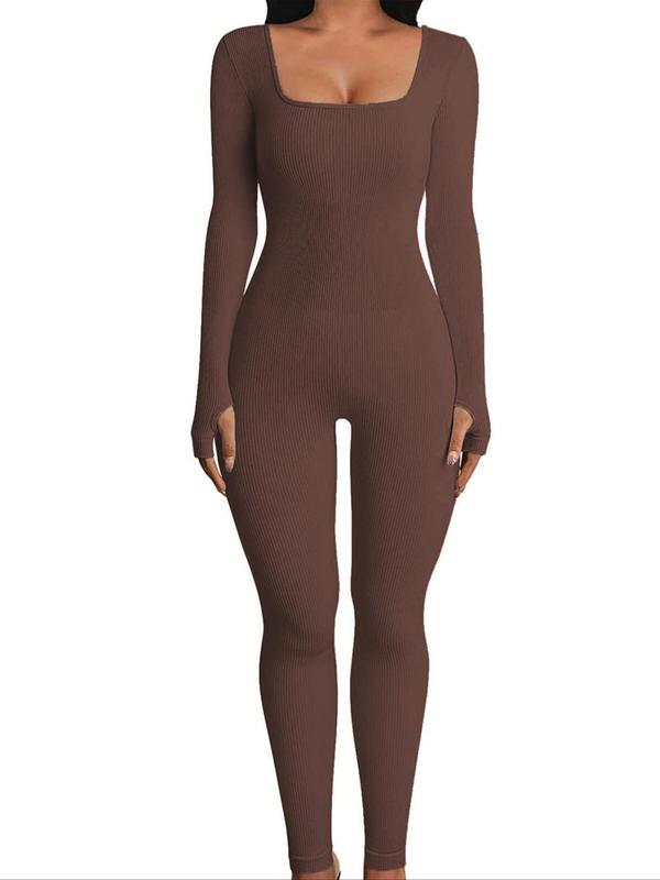 Women's Solid Cut Out Square Neck Ribbed Shapewear Jumpsuit, Casual Long Sleeve Bodycon Jumpsuit for Yoga Gym Workout, Lady's Shapewear Bodysuit for All Seasons, Fall Wear 2024