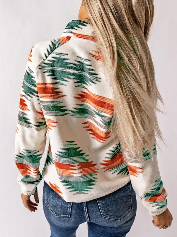 Women's Ethnic Pattern Button Front Pocket Jacket, Western Style Raglan Sleeve Stand Collar Zipper Fall Outerwear, Ladies Clothes for Daily Wear, Fall Outfits, Fallfreshness, Winter Outfits 2024, Preppy 80s Clothes