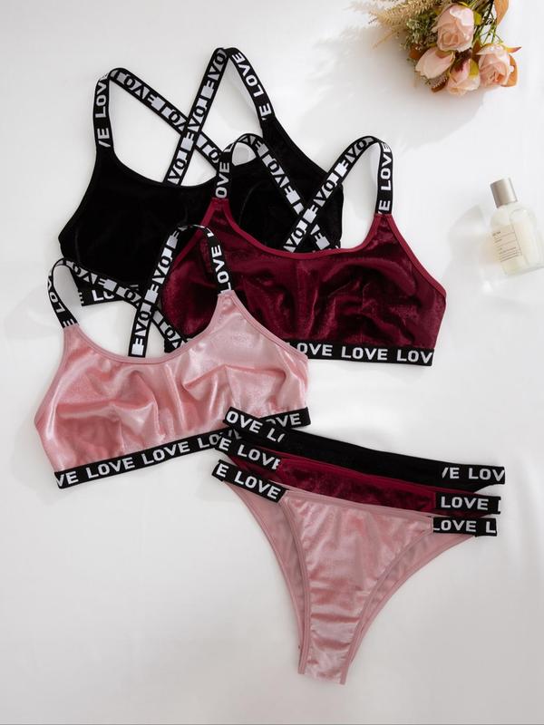 Women's Velvet Letter Tape Criss Cross Bra & Panty Set, Casual Comfy Breathable Lingerie Set for Daily Wear, Underwear Set for Women