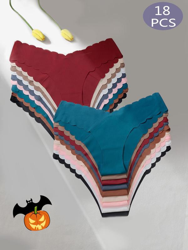 Women's Solid Scallop Trim Brief, Soft Comfy Breathable Seamless Knicker for Daily Wear, Ladies Underwear for All Seasons