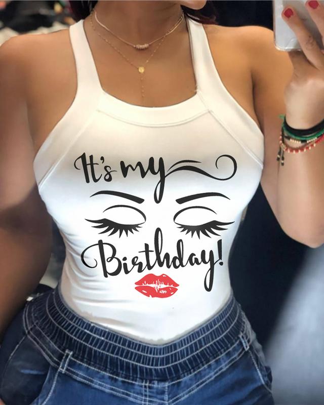 Chicme Lip Letter Figure Print Backless Casual Top white tanktop Womenswear Bodysuit top