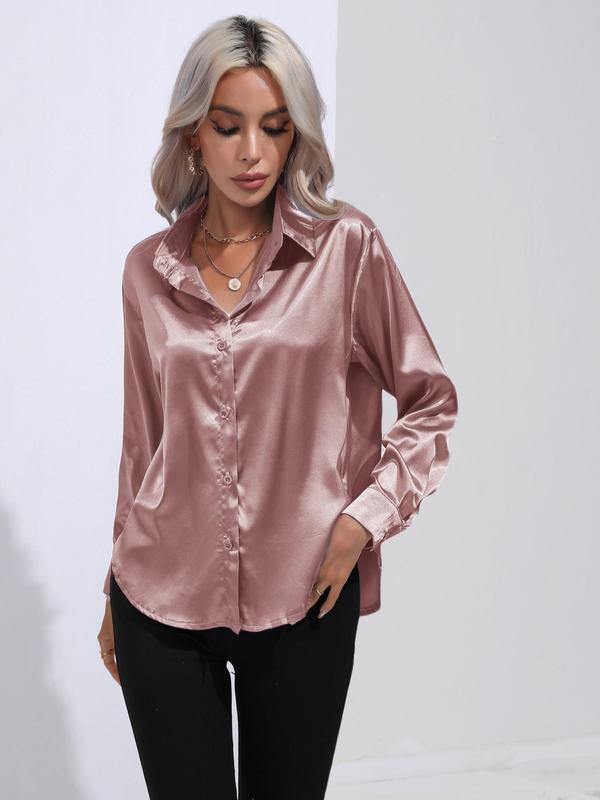 Women's Solid Button Front High Low Satin Shirt, Elegant Long Sleeve Collared Top for Spring & Fall, Women's Top for Work Office Business