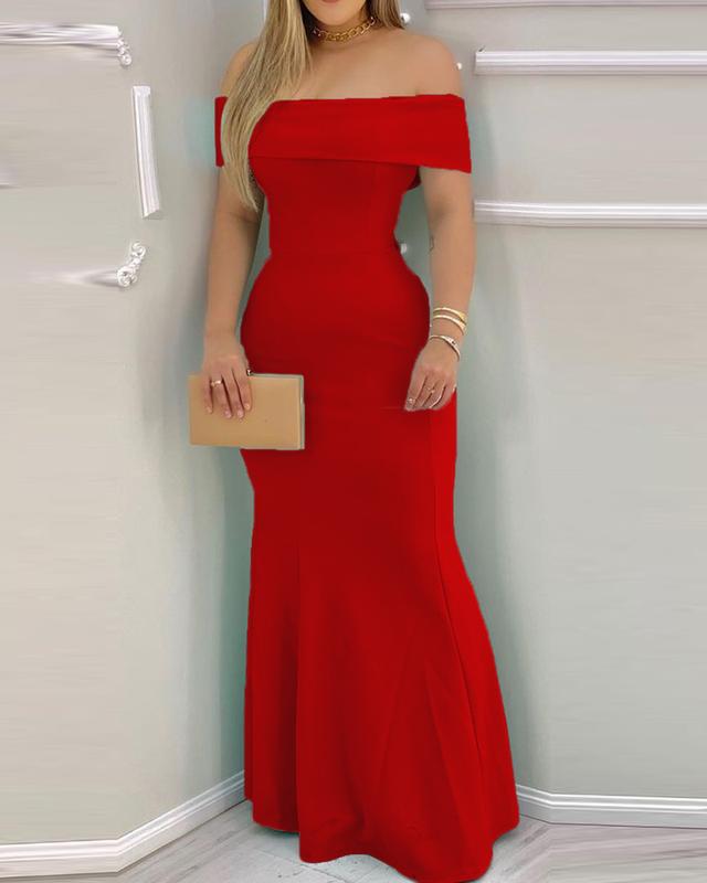 ChicMe Women's Off Shoulder Ruffle Hem Slim Fit Maxi Evening Dress Sexy Dress Elegant Formal