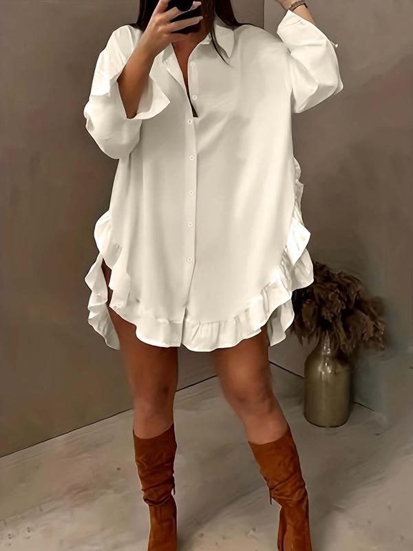  Solid Ruffle Hem Button Front Curved Hem Shirt, Elegant Drop Shoulder Long Sleeve Collared Top for Women, Women's Clothing for All Seasons