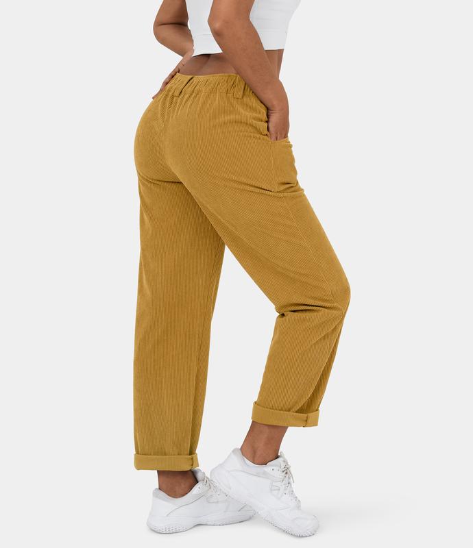 Halara Mid Rise Button Zipper Side Pocket Corduroy Casual Pants