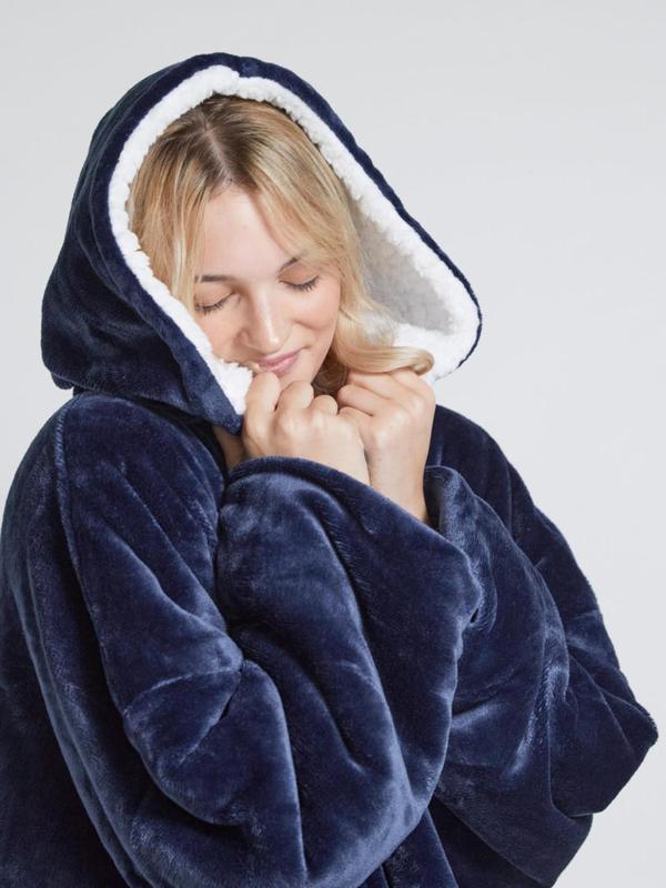 Women's Solid Drop Shoulder Pocket Flannel Hooded Blanket, Casual Long Sleeve Thermal Lounge Robe Loungewear, Women's Sleepwear for Fall & Winter
