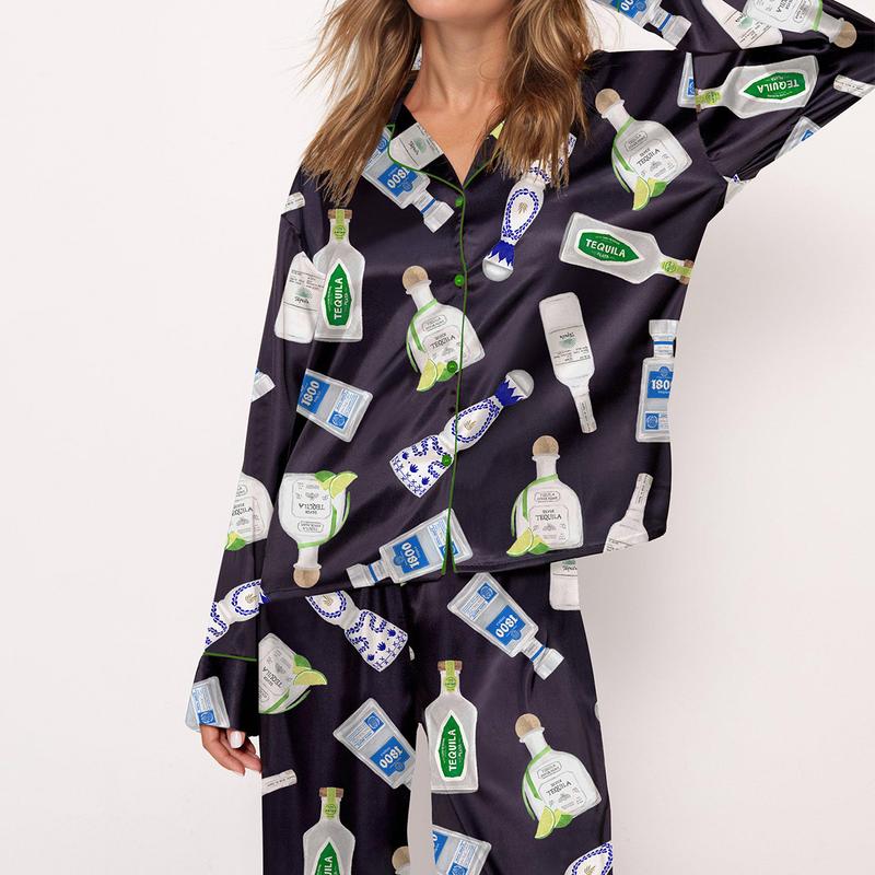 Tequila Bottles Pajama Set For Women Print Comfy Satin Sleepwear & Loungewear Pjs Printing Silky Top & Bottoms - SHESHOW