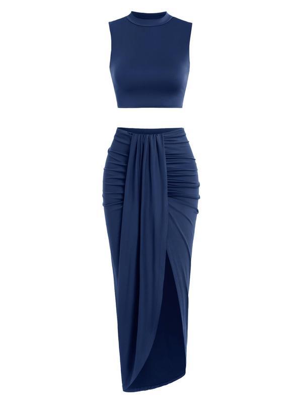 Fall Women's Solid Crop Tank Top & Ruched Asymmetrical Hem Split Skirt Two-piece Set, 2 Piece Sets Women Casual Mock Neck Sleeveless Top & High Waist Wrap Skirt, Birthday Outfits, Summer Outfits 2024
