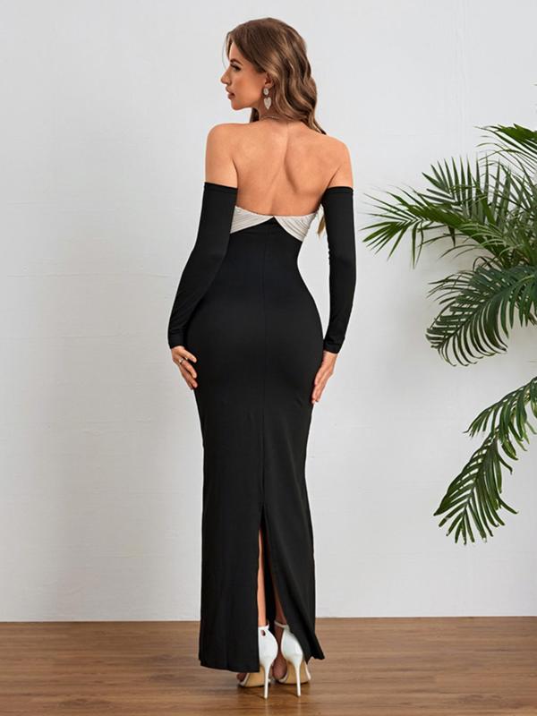 Women's Colorblock Ruched Off Shoulder Split Hem Bodycon Dress, Elegant Knot Front Long Sleeve Maxi Dress for Party Dating Wear, Women's Clothing for Spring & Fall