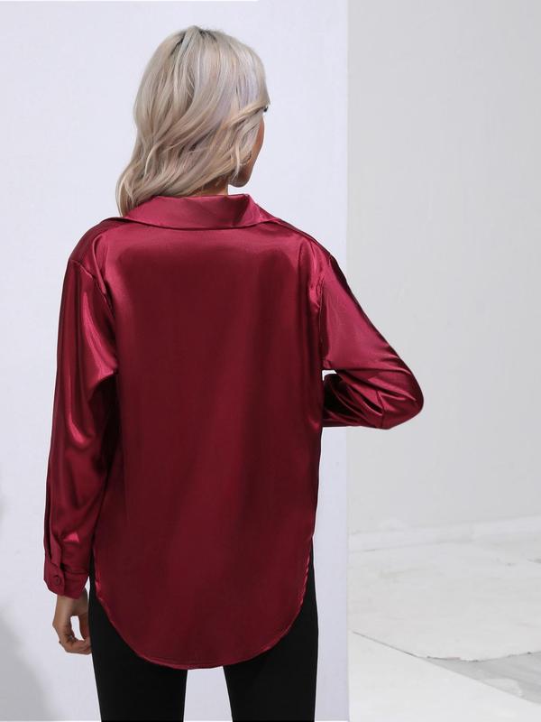 Women's Solid Button Front High Low Satin Shirt, Elegant Long Sleeve Collared Top for Spring & Fall, Women's Top for Work Office Business