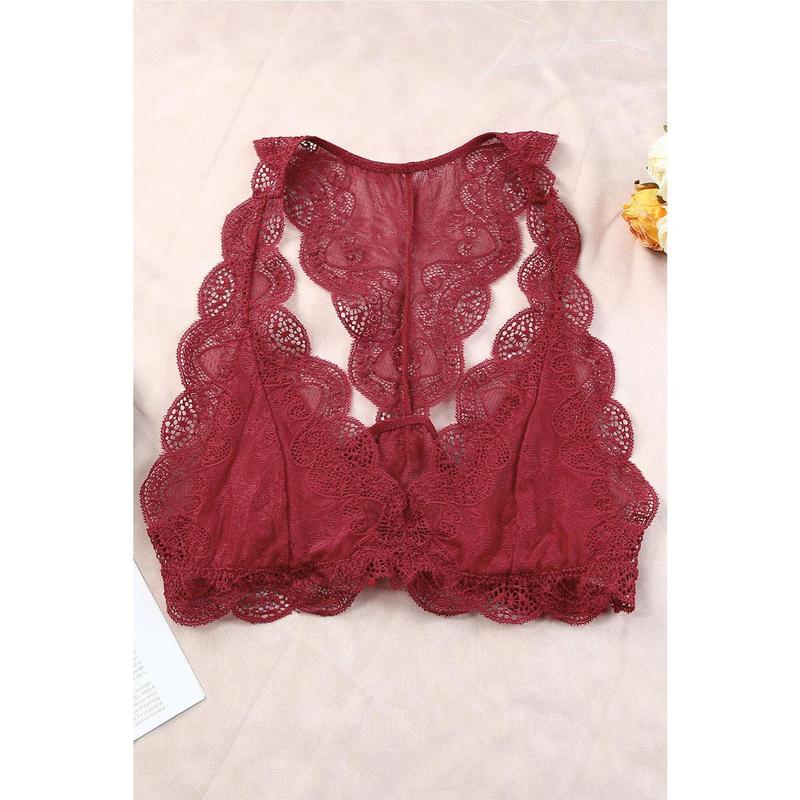 Red Halter Scalloped V Neck Lace Bralette