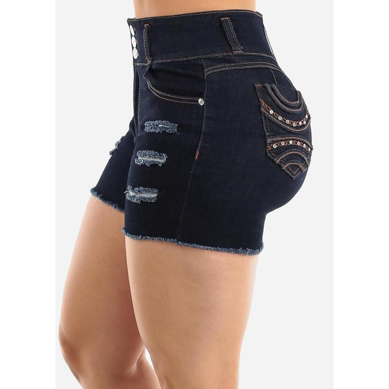 Super High Waist Levantacola Ripped Dark Denim Shorts