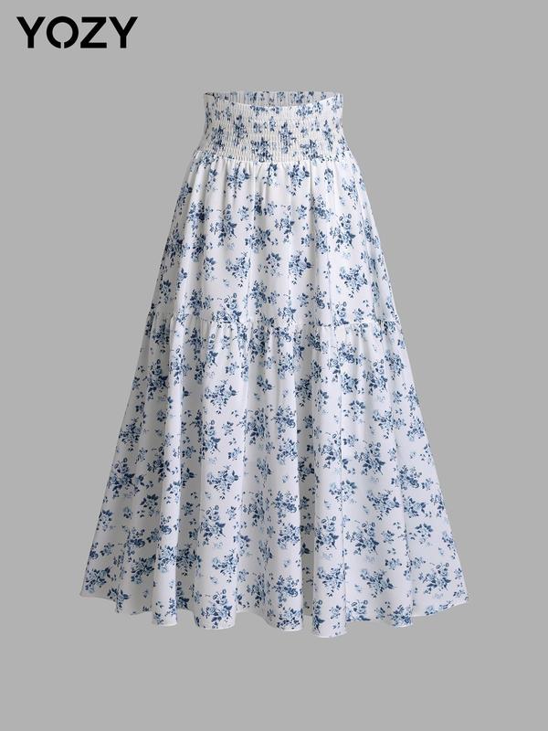 YOZY [3 Colors] Boho Ditsy Floral Print Flared Skirt  Romantic Shirred High Waist A-Line Skirt, 2024 Women's Summer Outfits for Beach, Holiday, Vacation, Wedding Guest