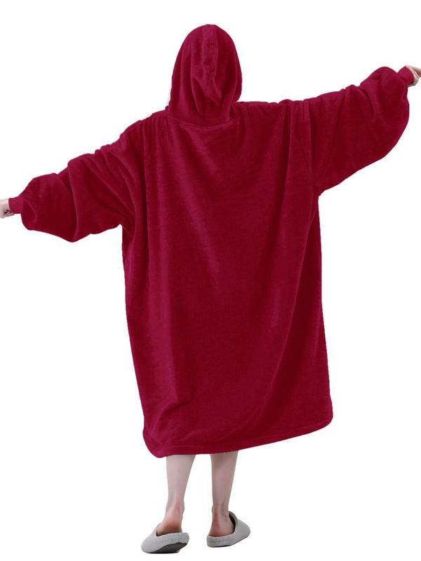 Women's Solid Drop Shoulder Pocket Flannel Hooded Blanket, Casual Long Sleeve Thermal Lounge Robe Loungewear, Women's Sleepwear for Fall & Winter