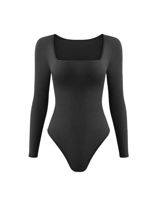 Women's Solid Square Neck Long Sleeve Shapewear Bodysuit, Casual Comfy Tummy Control Butt Lifting Shaper, Ladies Shapewear for All Seasons