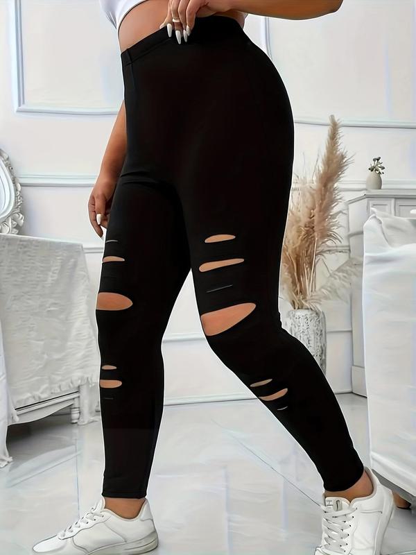 Plus Size Solid Ripped High Waist Leggings, Casual Fashion Comfy Skinny Pants for Daily Wear, Women's Bottoms for Summer