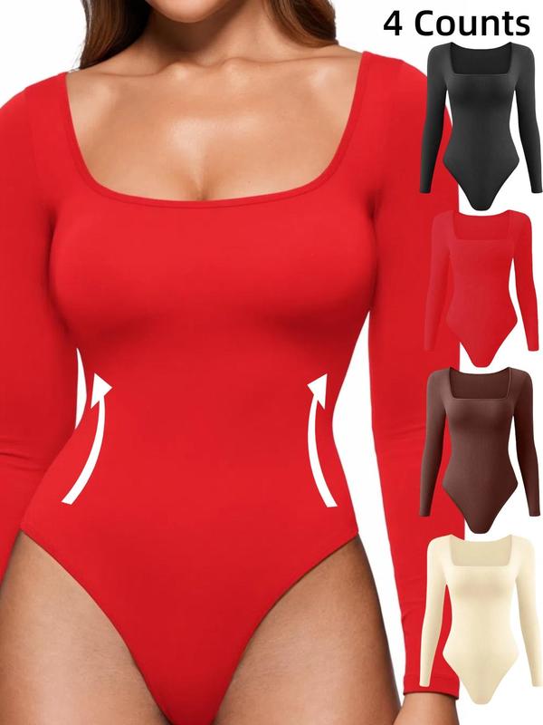 Women's Solid Square Neck Long Sleeve Shapewear Bodysuit, Casual Comfy Tummy Control Butt Lifting Shaper, Ladies Shapewear for All Seasons