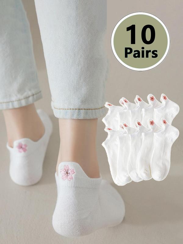 Women's 10 Pairs Floral Embroidery Ankle Socks, Casual Moisture Wicking Low Cut Socks, Soft Comfy Breathable Socks for All Seasons Daily Wear