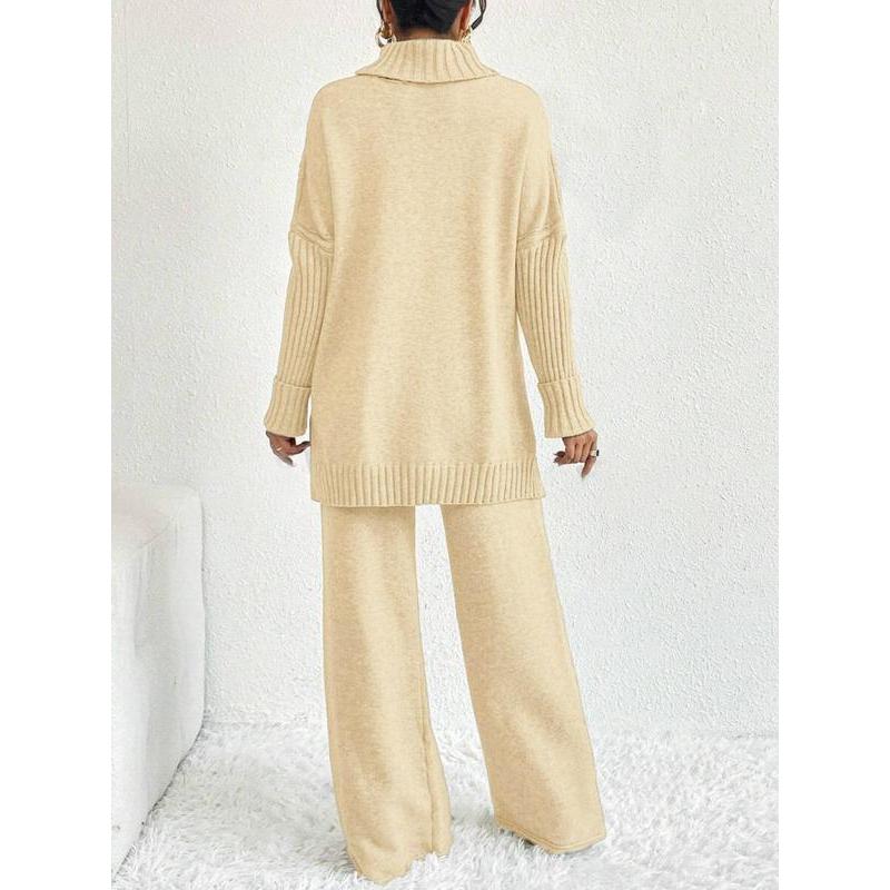 Two-Piece Set Women's Textured Split High Low Hem Sweater & Wide Leg Knitting Pants, Casual Fashion Cozy Turtle Neck Jumper & Trousers for Daily Outdoor Wear, Women's Knitwear for Fall & Winter