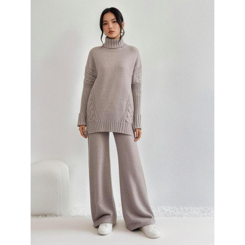 Two-Piece Set Women's Textured Split High Low Hem Sweater & Wide Leg Knitting Pants, Casual Fashion Cozy Turtle Neck Jumper & Trousers for Daily Outdoor Wear, Women's Knitwear for Fall & Winter