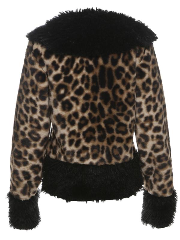 Women's Leopard Print Contrast Faux Fur Trim Button Front Jacket, Casual Long Sleeve Fuzzy Outerwear for Fall & Winter, Ladies Clothes for Daily Wear