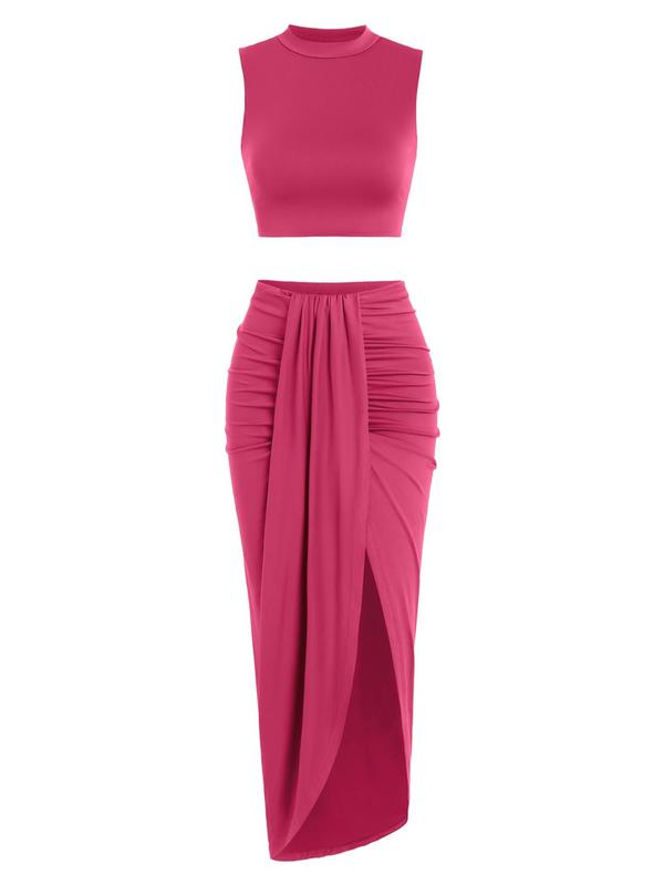 Fall Women's Solid Crop Tank Top & Ruched Asymmetrical Hem Split Skirt Two-piece Set, 2 Piece Sets Women Casual Mock Neck Sleeveless Top & High Waist Wrap Skirt, Birthday Outfits, Summer Outfits 2024
